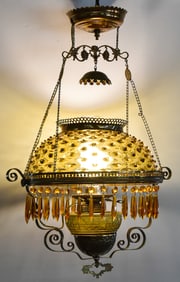 VICTORIAN BRASS & AMBER HOBNAIL GLASS HANGING PARLOR LAMP