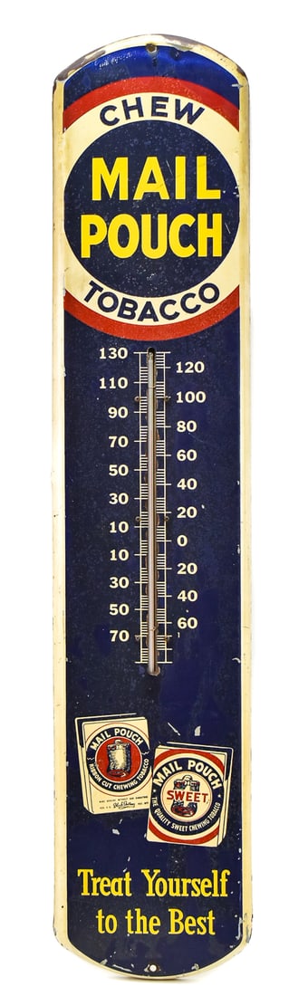 MAIL POUCH TOBACCO WALL THERMOMETER: Antique "Chew Mail Pouch Tobacco" metal wall thermometer measuring 38" H x 8" W x 1" D.