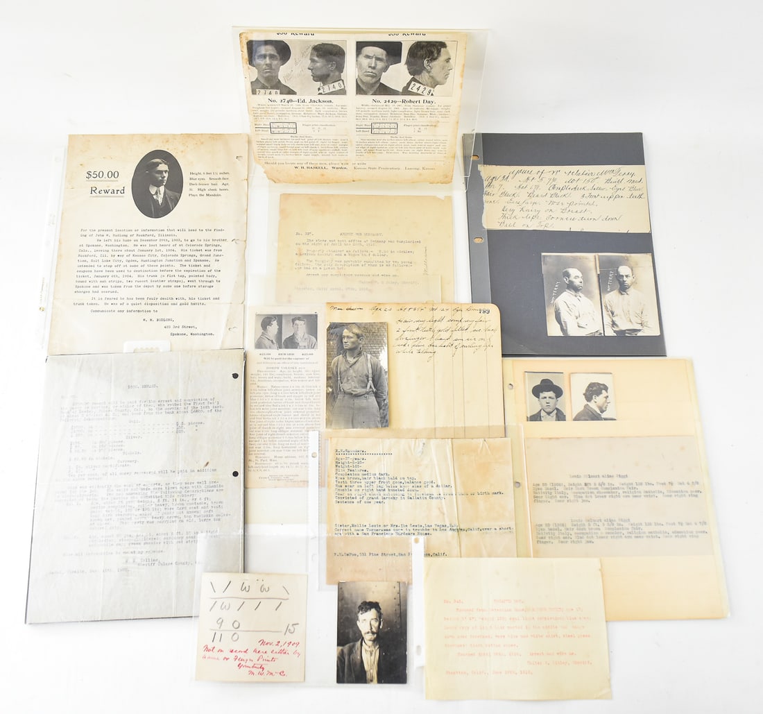 COLLECTION OF EARLY 1900s POLICE 'WANTED' PHOTOS & NOTICES: A collection of early 1900s police mugshots and wanted criminal notices, some with rewards, in protective plastic sleeves.