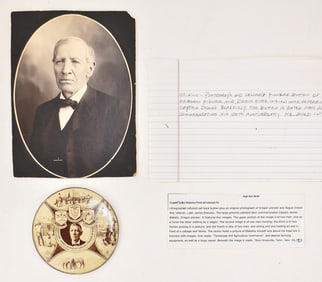 OREGON PIONEER, JAMES BLAKELY PHOTOGRAPH AND 1912 COMMEMORATIVE CELLULOID BUTTON