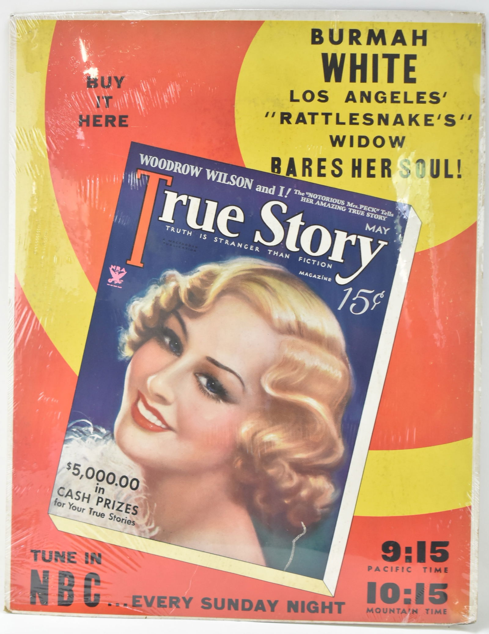 TRUE STORY MAGAZINE ADVERTISING POSTER: A circa 1930s True Story Magazine point-of-sale advertising poster, shrink-wrapped on cardboard backing, measuring 28" H x 22" W x .25" D.