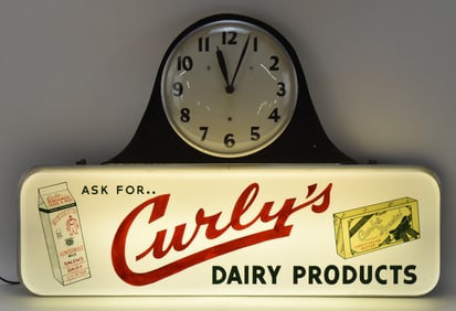 CURLY'S DAIRY PRODUCTS LIGHTED ADVERTISING SIGN WITH CLOCK DISPLAY