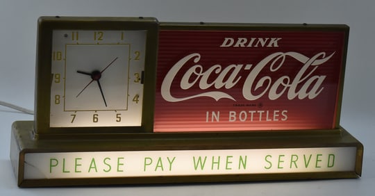 VINTAGE COCA-COLA LIGHTED COUNTER TOP CLOCK; 'PLEASE PAY WHEN SERVED'