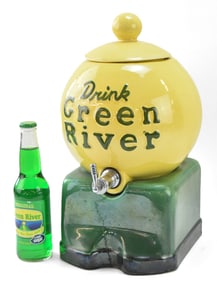 DRINK GREEN RIVER CERAMIC SODA FOUNTAIN SYRUP DISPENSER AND BOTTLE