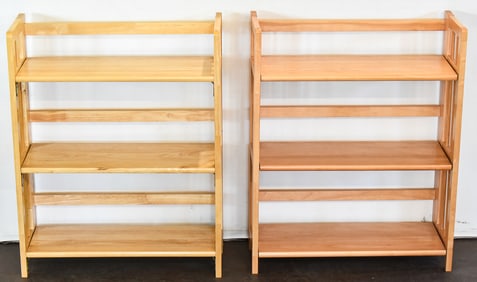 PAIR OF FOLDING WOOD DISPLAY SHELVES