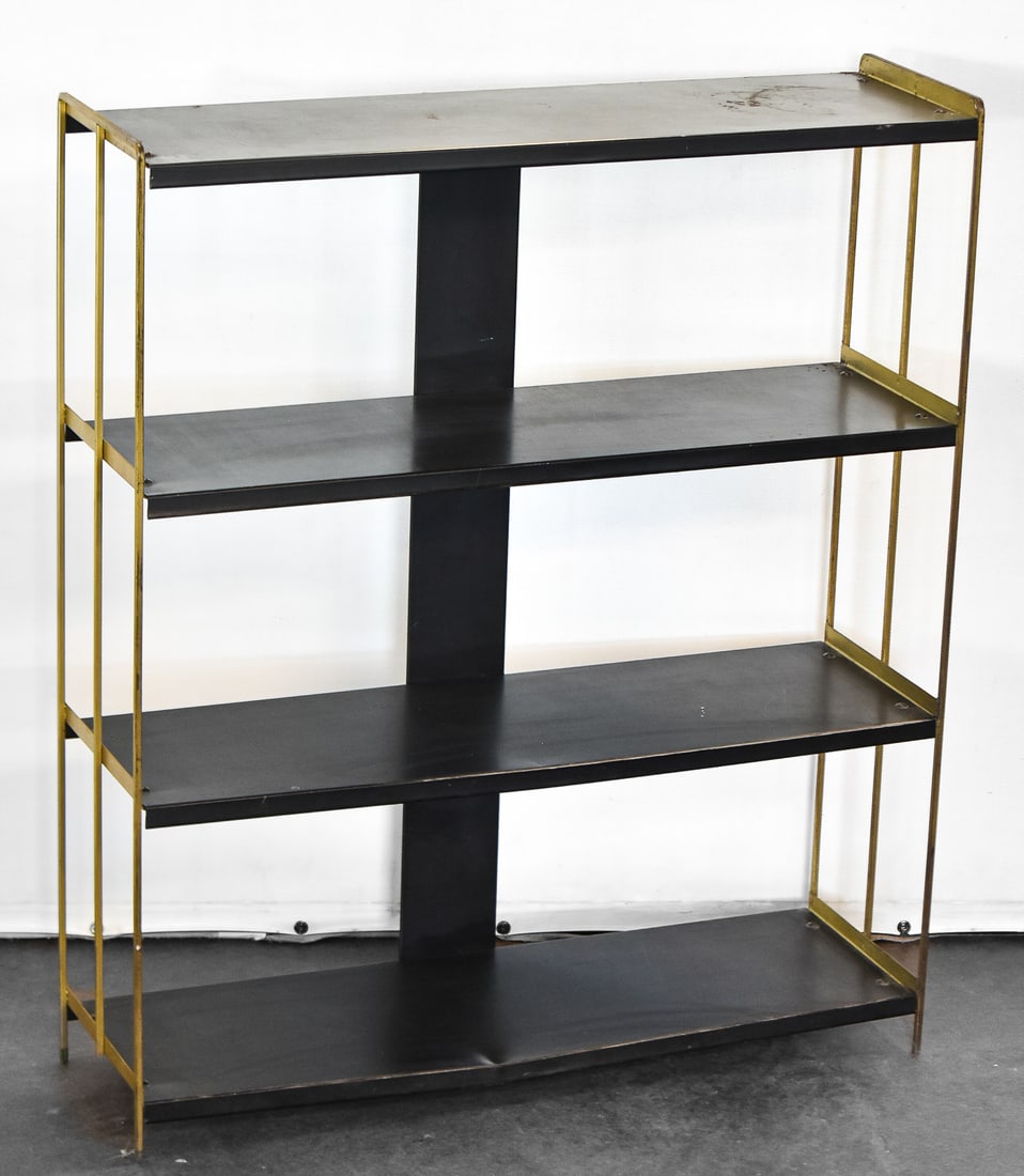 MIDCENTURY METAL BOOKSHELF: Midcentury metal bookshelf. Measures 36"H x 30.5"W x 9.5"D.