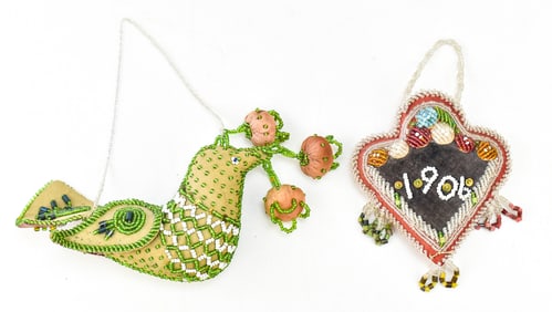 HAUDENOSAUNEE 1906 AND 1908 BEADED PIN CUSHIONS: TRI-LOBE AND WHIMSY BIRD