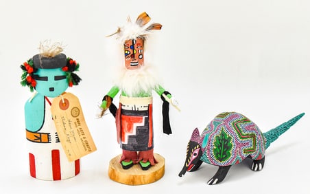 ASSORTED CULTURAL FIGURINES: OAXACAN SIGNED ALEBRIJE, HOPI SIGNED HANO MANA, BADGER SIGNED KACHINA
