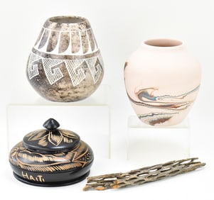 VINTAGE VESSEL ASSORTMENT: NEMADJI SWIRL VASE, ACOMA HORSEHAIR POT, HAITIAN MONKEY POD TRINKET BOX