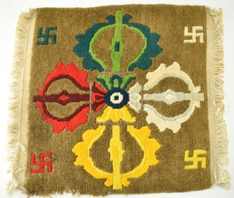 VINTAGE PRAYER RUG WITH WHIRLING LOGS