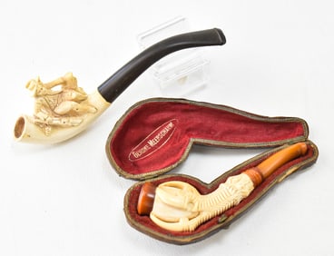 19th CENTURY FRENCH MEERSCHAUM CARVED FIGURAL PIPES: HUNTER AND EAGLE CLAW