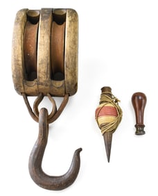 COLLECTION OF PULLEY, PLUMB BOB & STAMP TOOLS