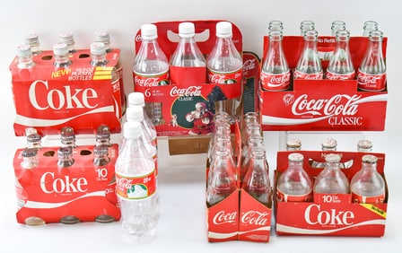 VINTAGE COCA-COLA BOTTLES: 7 OZ, 8 OZ, 10 OZ (SAGAMORE), 16.9 OZ (NEEDHAM), 20 OZ (ATLANTA)