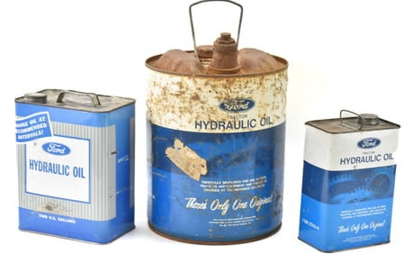 THREE FORD HYDRAULIC OIL CANS