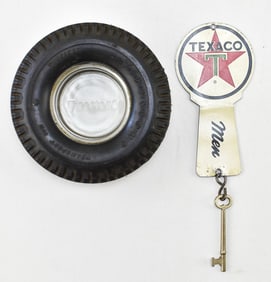 FIRESTONE TIRES ASHTRAY & TEXACO METAL RESTROOM KEY FOB