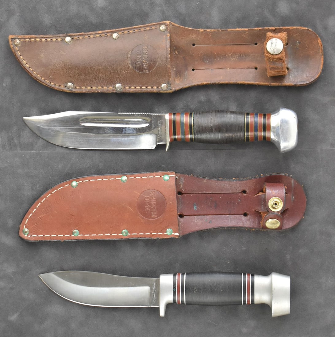 PAIR OF VINTAGE REMINGTON UMC FIXED BLADE KNIVES: RH35 & RH50: A pair of vintage Remington UMC fixed blade knives complete with the original belt sheaths, RH35 with a 5 1/4 inch blade and RH50, both made in the USA. The overall measurements for this lot measure 1