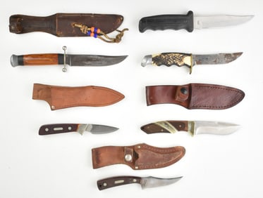 COLLECTION OF VINTAGE FIXED-BLADE HUNTING KNIVES BY SCHRADE & OTHERS