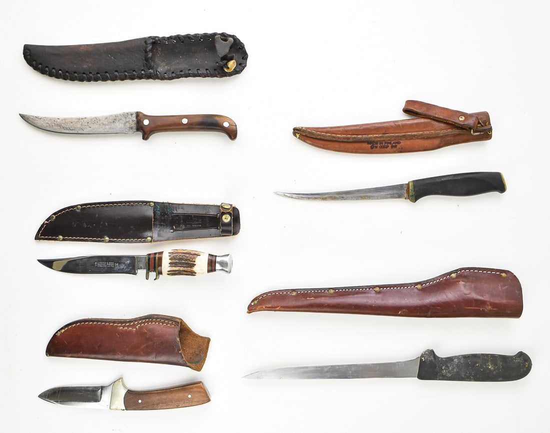 COLLECTION OF VINTAGE FIXED-BLADE HUNTING & FILLET KNIVES: A collection of fixed-blade hunting and fillet knives, including: a J. Nowill & sons of Sheffield, England handmade knife with staghorn grips and a leather belt sheath, a Rigid knife with a leathe