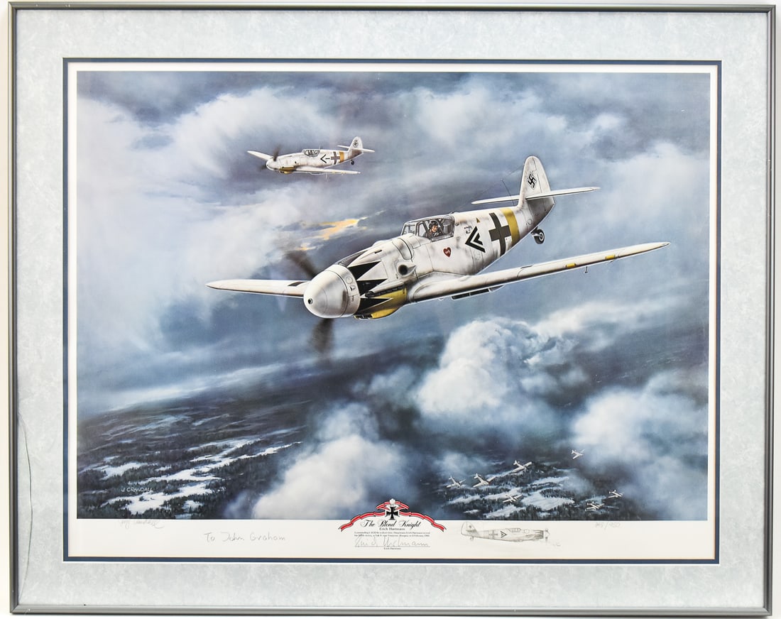 JERRY CRANDALL 'THE BLOND KNIGHT' SIGNED LIMITED EDITION LITHOGRAPH: Limited edition lithograph on paper by listed artist, Jerry Crandall (AZ, CO, 1935 - 2020), signed in pencil lower left, numbered 348/950. Titled "The Blond Knight", signed by Erich Hartmann, the WWII