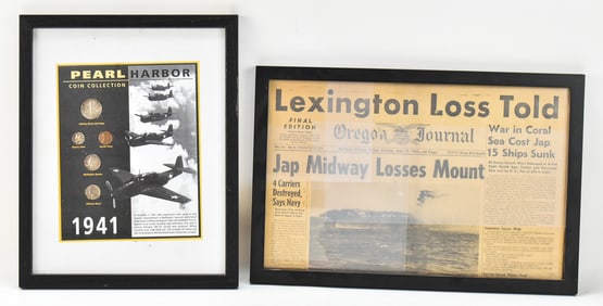 WWII-ERA FRAMED NEWSPAPER ARTICLE & PEARL HARBOR COIN COLLECTION