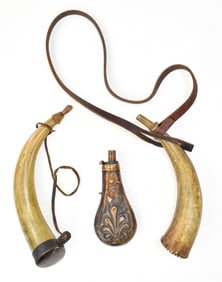 TWO 19TH CENTURY MUZZLELOADER POWDER HORNS AND A COPPER CLAMSHELL POWDER FLASK