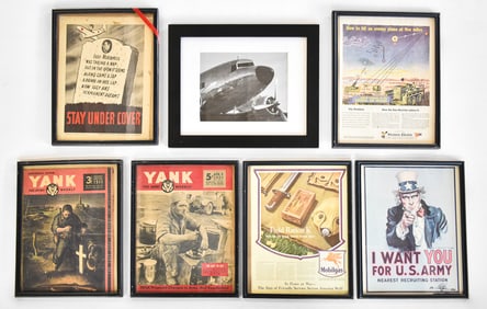 WORLD WAR II FRAMED EPHEMERA AND ADVERTISEMENTS: YANK MAGAZINE, MOBIL GAS, CAMOUFLAGE SCHOOL,