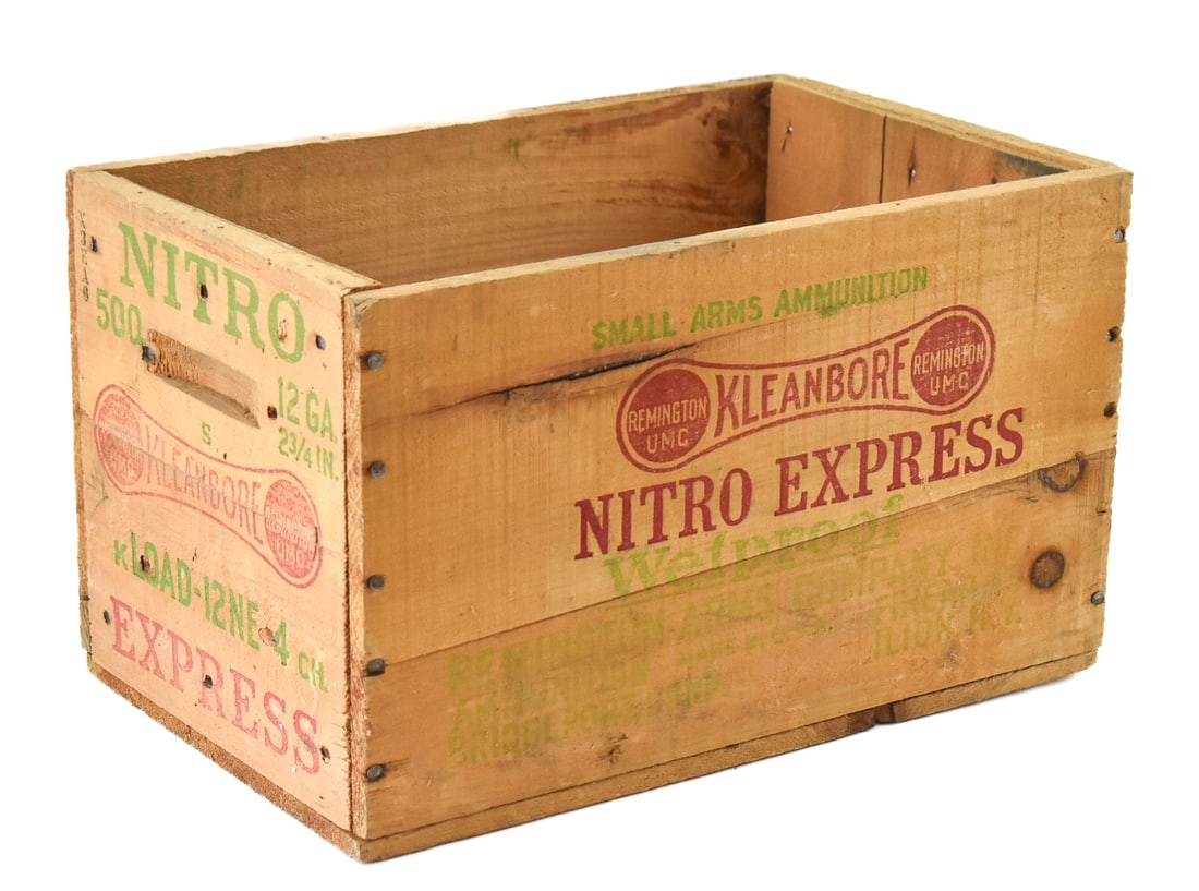 REMINGTON 500 ROUND 12G GENERAL STORE SHOTGUN SHELL CRATE: A vintage general store 500 round 2 3/4 12G Nitro Express shotgun shell crate by Remington UMC measuring 15 x 9.5 x 9 inches.