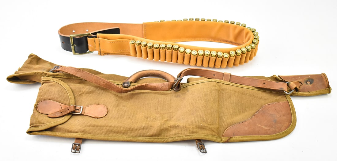 WINCHESTER MODEL 1890 SLIDE-ACTION CANVAS TAKEDOWN SLEEVE & .44 CALIBER CARTRIDGE BELT: An original canvas takedown sleeve for the Winchester Model 1890 slide-action rifle, and a leather and canvas sleeved cartridge belt for .44 caliber cartridges, currently fully outfitted with 43 round