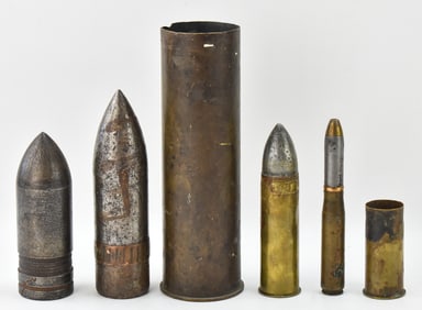 ASSORTED WWI & WWII-ERA CANNON SHELLS , SHELL CASINGS, & PROJECTILES