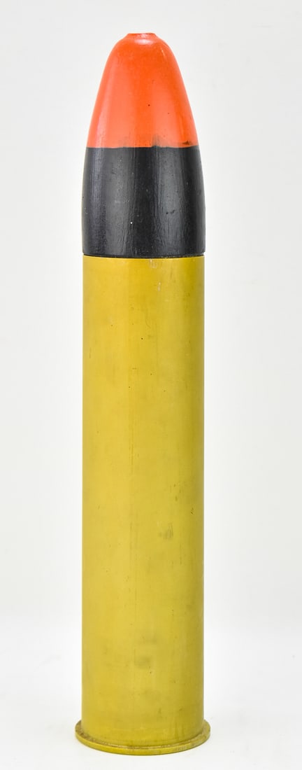 90MM ARTILLERY SHELL DUMMY ROUND: A 90mm artillery shell dummy round with a wooden projectile and aluminum shell casing. The overall height is about 21 inches for the complete shell.