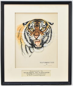 SIGNED JAMES L. VLASATY 'THE 10TH ARMORED TIGER' MASCOT WATERCOLOR