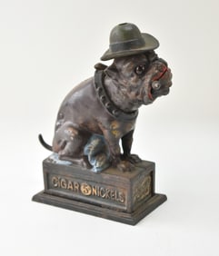 XONEX 'THE OLE PUFFER' MECHANICAL BULLDOG CAST IRON COIN BANK