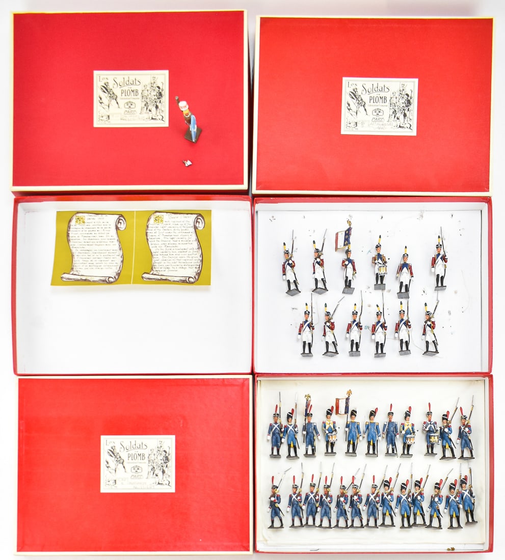 CBG MIGNOT LES SOLDATS DE PLOMB TOY SOLDIERS: HUSSARDS PRUSSIENS AND MORE: This lot includes the following CBG Mignot Les Soldats de Plomb toy soldiers: Hussards Prussiens cav. 6 box with 24 drapeau du 1er regiment d'isenburg soldiers, Chasseurs oe la garde box (9" x 12") wi