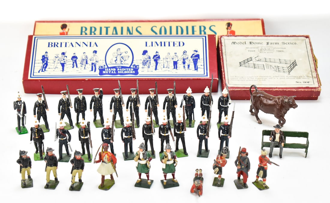ASSORTED BRITAINS TOY SOLDIERS: WWI SOLDIERS, NAVAL OFFICERS, ROYAL MARINES, AND MORE: The lot includes the following Britains toy soldiers: three WWI soldiers, eight naval officers, 14 band of the royal marines soldiers, one bull, one Aged Village Man with pipe and bench, two pikeman t