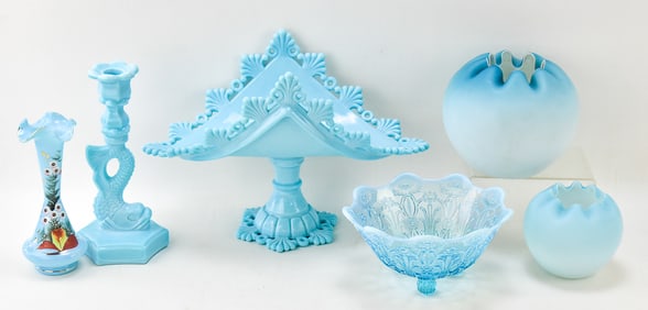COLLECTION OF BLUE MILK PATTERN & HAND-BLOWN OPALINE GLASSWARE