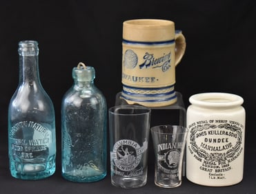 COLLECTION OF ANTIQUE BEVERAGE COMPANY BOTTLES, MUGS & GLASSES