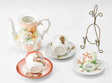 PORCELAIN TEAPOT, CUPS, & WIRE DISPLAY RACK