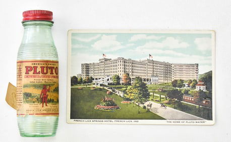 FRENCH LICK SPRINGS HOTEL 'PLUTO' LAXATIVE BOTTLE & POSTCARD