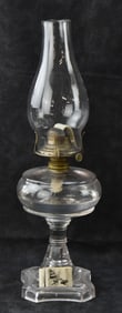 CLEAR PATTERN GLASS OIL LAMP WITH MATCH HOLDER & STRIKER