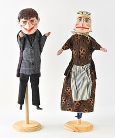 TWO VINTAGE EUROPEAN PUNCH & JUDY-STYLE PUPPETS WITH DISPLAY STANDS