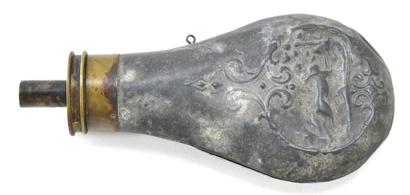 ZINC CLAMSHELL POWDER FLASK WITH RABBIT RELIEF
