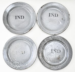 FOUR 'IND' MARKED GRANITEWARE DINNER PLATES