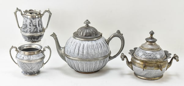 MIXED METALS & GRANITEWARE TEAPOT & MORE ATTRIBUTED TO MANNING & BOWMAN & CO.