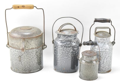 FOUR GRANITEWARE MILK PAILS OR CREAM CANS