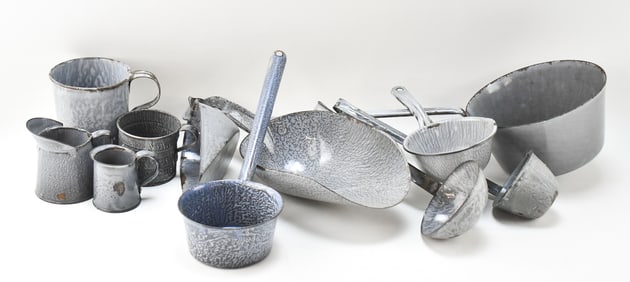 ASSORTED GRANITEWARE UTENSILS & CUPS
