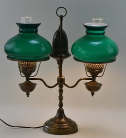 MIDCENTURY BRASS & CASED GREEN GLASS TABLE LAMP