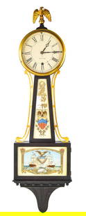 SETH THOMAS EIGHT-DAY BANJO CLOCK: A circa 1915 Seth Thomas eight-day banjo clock with reverse painted patriotic naval engagement motif. The clock measures 36" H x 10" W x 4" D.