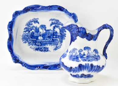 ANTIQUE STAFFORDSHIRE 'ROMANTIC' FLOW BLUE PITCHER & BASIN