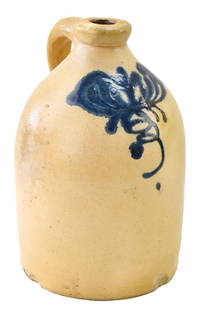 19TH CENTURY STONEWARE COBALT DECORATED JUG: An unmarked stoneware jug with a floral cobalt stylized design, circa late 19th century. The item measures 11.5" H x 7" W x 8" D.