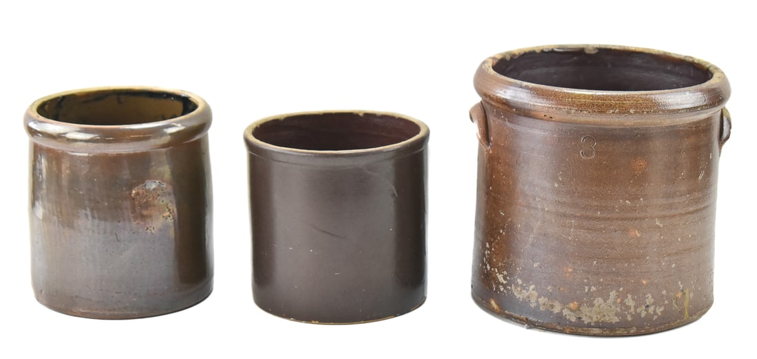 THREE ANTIQUE CHOCOLATE GLAZE STONEWARE CROCKS (1 of 8)